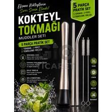 Gio Ticaret - Paslanmaz Çelik Kokteyl Tokmağı (Muddler) Seti 5 Parça - 1 Muddler, 2 Metal Pipet, 2 Temizleme Fırçası - Mojito, Kokteyl, Bar ve Kahve Ezici