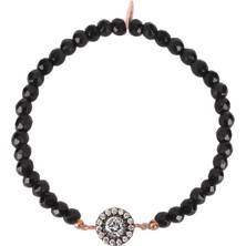 Emiliano Jewellery Zirkon Taşlı Rose Altın Kaplama Siyah Boncuklu Yuvarlak Gümüş Strech Bileklik