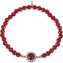 Emiliano Jewellery Zirkon Taşlı Rose Altın Kaplama Kırmızı Boncuklu Yuvarlak Gümüş Strech Bileklik