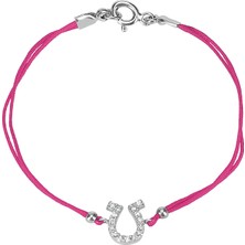 Emiliano Jewellery Zirkon Taşlı Gümüş Rengi Kaplamalı Fuşya Ipli At Nalı Bileklik