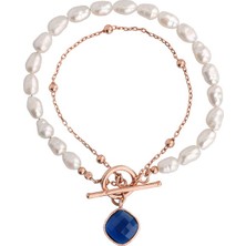 Emiliano Jewellery Zirkon Taşlı Rose Altın Kaplamalı Incili Gümüş Bileklik