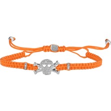 Emiliano Jewellery Zirkon Taşlı Gümüş Rengi Kaplama Turuncu Ipli Kuru Kafa Gümüş Makrome Bileklik