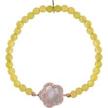 Emiliano Jewellery Zirkon Taşlı Rose Altın Kaplama Yonca Desenli Sarı Boncuklu Strech Gümüş Bileklik