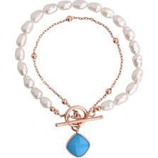 Emiliano Jewellery Mavi Taşlı Rose Altın Kaplama Incili Dolamalı Gümüş Bileklik