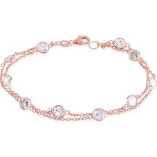 Emiliano Jewellery Emılıano Jewellery Zirkon Taşlı Pırlanta Montür Rose Altın Kaplama Iki Sıra Zincirli Gümüş Bileklik