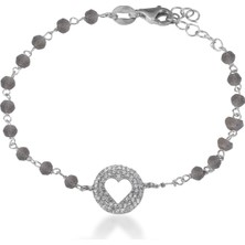 Emiliano Jewellery Zirkon Taşlı Gümüş Rengi Kaplama Boncuklu Kalp Gümüş Bileklik