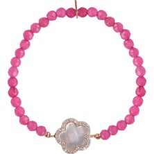 Emiliano Jewellery Zirkon Taşlı Rose Altın Kaplama Pembe Boncuklu Yonca Desenli Gümüş Strech Bileklik