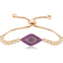 Emiliano Jewellery Kırmızı Taşlı Göz Desenli Altın Kaplamalı Asansörlü Gümüş Bileklik