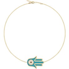 Emiliano Jewellery Altın Kaplama Turkuaz Beyaz Mineli Ortası Göz Desenli Fatmanın Eli Gümüş Bileklik