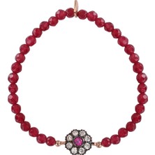 Emiliano Jewellery Zirkon Taşlı Rose Altın Kaplamalı Kırmızı Boncuklu Çiçek Desenli Gümüş Strech Bileklik