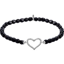 Emiliano Jewellery Zirkon Taşlı Gümüş Rengi Kaplama Siyah Boncuklu Kalpli Strech Gümüş Bileklik