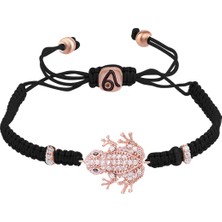 Emiliano Jewellery Zirkon Taşlı Pırlanta Montür Rose Altın Kaplama Siyah Ipli Kurbağa Gümüş Makrome