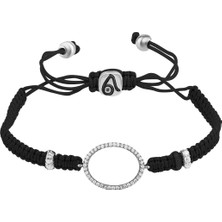 Emiliano Jewellery Zirkon Taşlı Pırlanta Montür Siyah Altın Kaplama Siyah Ipli Içi Boş Yuvarlak Gümüş Makrome Bileklik