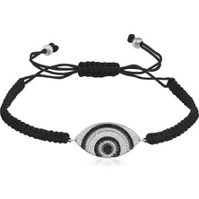 Emiliano Jewellery Zirkon Taşlı Pırlanta Montür Gümüş Rengi Altın Kaplama Siyah Ipli Göz Desenli Gümüş Makrome Bileklik