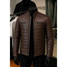 Moda Erkek Kahverengi Fermuarlı Cepli Hakiki Kuzu Derisi Şişme Deri Ceket Mont