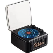 Elitse Nostalji Mini Plak Görünümlü Radyolu Bluetooth Hoparlör 3D Ses Dalgası Retro Müzik Plak Siyah