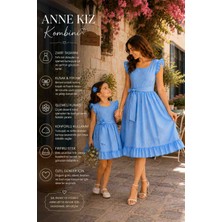 Minik Yıldızlar Ela Anne Kız Kombini Nakış Işlemeli Fırfır Kollu Mavi Elbise – Özel Gün, Bayram, Doğum Günü ve Davet Elbisesi