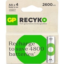 Gp Batteries Recyko 2600 Aa Kalem Ni-Mh Şarjlı Pil, 1.2 Volt, 4'lü Kart