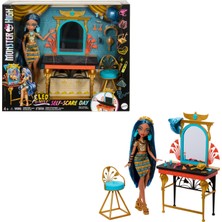 Monster High Cleo De Nile Bakım Günü Bebek, Saklama Alanı Olan Makyaj Masası, Saç ve Takı Aksesuarla