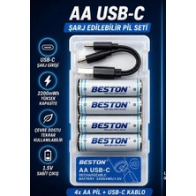 Azurtech Usb-C Şarj Edilebilir Pil Seti 4’lü 2200mWh 1.5V Kalın AA Yüksek Kapasite