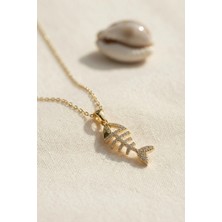 Inure Jewelry 316L Çelik Zincir Gold Renk Minimal Zirkon Taşlı Balık Kılçığı Kolye