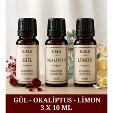E.M.S Gül - Okaliptus - Limon Saf Esansiyel Uçucu Yağ Buhurdanlık Yağı Difüzör Esansı Aromaterapi Yağı 3 x 10 ml
