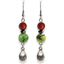 Ayre Style Doğal Yeşim Hematit Kırmızı Akik Taşlı Uzun Sallantılı Kadın Mystic Elegance Küpe (6 Cm)