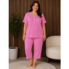 Balis Pijama Kadın Desenli Pamuklu Büyük Beden Düğme Yaka Kapri Pijama Takımı Kısa Kollu Ev Giyimi Seti Rahat Kesim Yazlık Ev Giyim Şık ve Rahat Battal Beden Loungewear