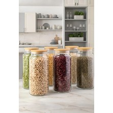 PLT Design 6 Adet Büyük Boy Vakumlu Bambu Kapaklı Cam Kavanoz Saklama Kabı Takımı 1400ML