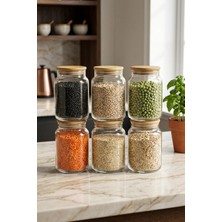 PLT Design 6 Adet Orta Boy Vakumlu Bambu Kapaklı Cam Kavanoz Saklama Kabı Takımı 900ML