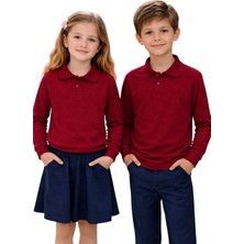 ERDEM KIDS Unisex Kız Erkek Çocuk Polo Yaka Pamuklu Uzun Kol Bordo Günlük Basic Okul Tişört