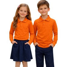 ERDEM KIDS Unisex Kız Erkek Çocuk Polo Yaka Pamuklu Uzun Kol Oranj-Turuncu-Orange Günlük Basic Okul Tişört