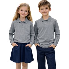 ERDEM KIDS Unisex Kız Erkek Çocuk Polo Yaka Pamuklu Uzun Kol Gri Günlük Basic Okul Tişört