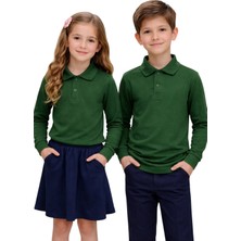 ERDEM KIDS Unisex Kız Erkek Çocuk Polo Yaka Pamuklu Uzun Kol Nefti Yeşil Günlük Basic Okul Tişört