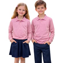 ERDEM KIDS Unisex Kız Erkek Çocuk Polo Yaka Pamuklu Uzun Kol Pudra-Toz Pembe Günlük Basic Okul Tişört