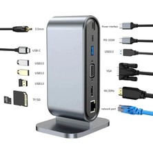 Blue Wings Type-C Support 4 K 12 In 1 Dock Model Pd Station Çoklayıcı Dönüştürücü Çevirici 12'si 1 Arada Dock, HDMI 4k, 100MBPS Ethernet, 3 x Usb-A 3.0 ve 100W USB