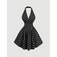 Bella Notte Siyah Puantiyeli Halter Yaka Midi Elbise