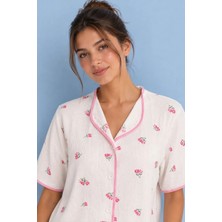 Bella Notte Kadın Ekru Çiçek Desenli Kısa Kollu Düğmeli Pijama Takımı