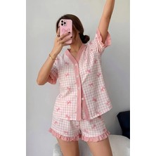 Bella Notte Pembe Pötikare Fiyonk Desenli Fırfır Detaylı Kadın Şortlu Pijama Takımı