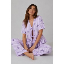 Bella Notte Lila Çizgili Fiyonk Desenli Bağlama Detaylı Kadın Pijama Takımı