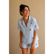 Bella Notte Mavi Sevimli Ayıcık Desenli Çizgili Şortlu Kadın Pijama Takımı