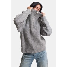 It's Basic Kadın Gri W6-12 Oversize Fermuarlı Triko Kazak