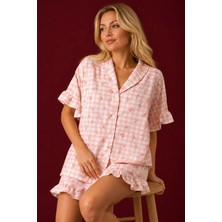 Bella Notte Pembe Pötikareli Gül Desenli Şık Kısa Kollu Şortlu Pijama Takımı