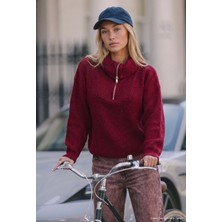 It's Basic Kadın Bordo W6-35 Oversize Fermuarlı Triko Kazak