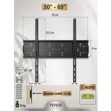 TVTECHPLUS Tvtech Plus Aparat PA-4060 Sabit Televizyon Askı Aparatı 40” - 65” Ekran Boyutu + Su Terazisi