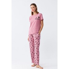 Hace Bazaar Marsilyan- Kadın Somon Kalp Desenli Kısa Kollu Penye Pijama Takımı