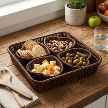 Mabelme Store 5 Parça,4 Kalp Formlu Plastik Rattan Sunum ve Kahvaltı Seti-Bölmeli Çerezlik ve Meyvelik-Doğal Hasır Görünümlü Tepsi ve Sunum Tabakları