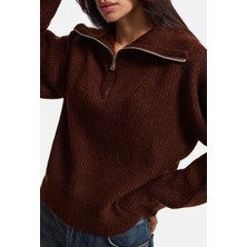 It's Basic Kadın Kahve W6-81 Oversize Fermuarlı Triko Kazak