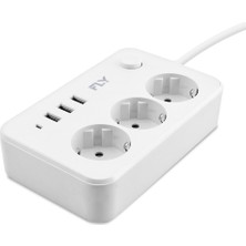 Hace Bazaar Termal Akım Korumalı Uzatma Kablosu 3 Priz + 3x USB 2.1A Anahtarlı 2 M - Beyaz 3406-01 -Hcb