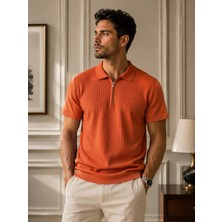 Adam & Eve Fashion Erkek Turuncu Kahverengi Mavi Pike Kumaş Fermuarlı Polo Yaka Kısa Kollu Regular Fit Tişört